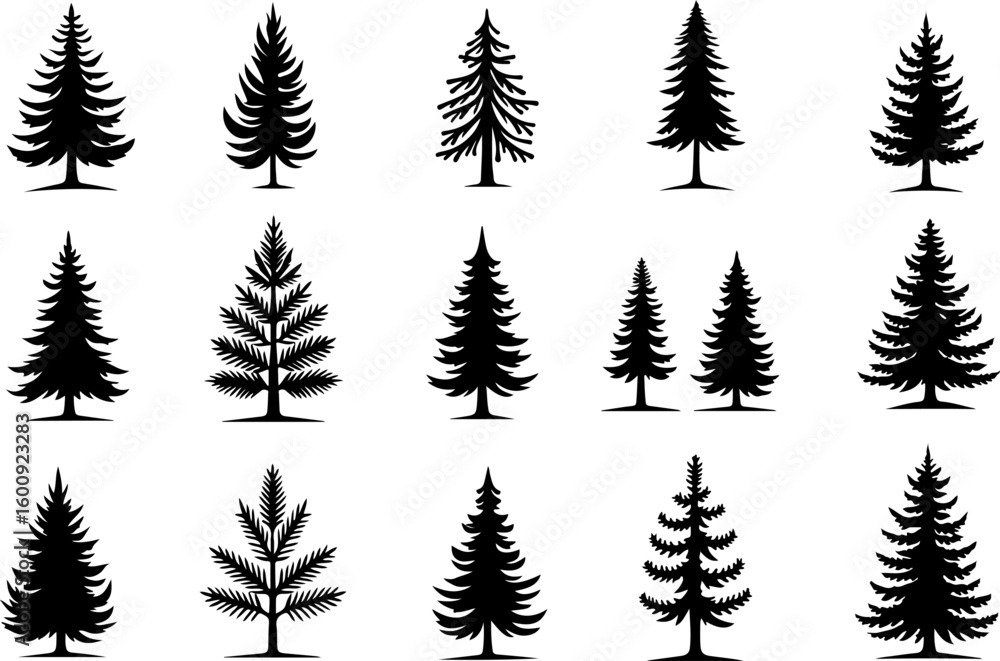 Obraz premium Tree Silhouette Collection – Pine, Fir & Deciduous Tree Icons vector bundle