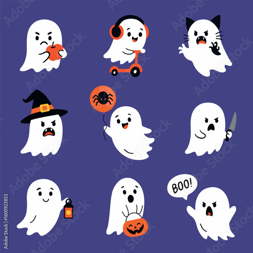 Cute and Scary Halloween set, a collection of funny and spooky cartoon ghosts with Halloween props and expressions on a purple background. Perfect for festive design, kids decor, and seasonal graphics