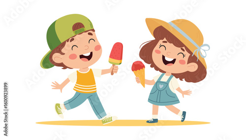 Cute happy boys and girls with ice cream. Children eating ice cream. Summer vacation, joy, relaxation. Cartoon vector illustration on white background