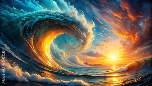 Orange and blue swirling fractal flame art with a glowing, energetic vortex texture