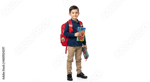A young boy with a red backpack and school supplies ready for the first day of school on white