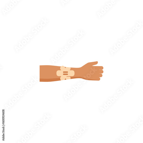 Healing process with two beige band aids on a human arm for minor wound care and protection