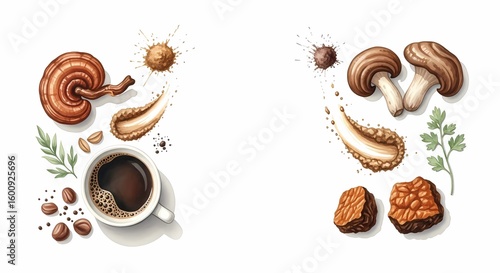 A cup of coffee surrounded by various mushrooms including reishi and chaga. Coffee beans and herbs are also present, highlighting functional mushroom beverages.