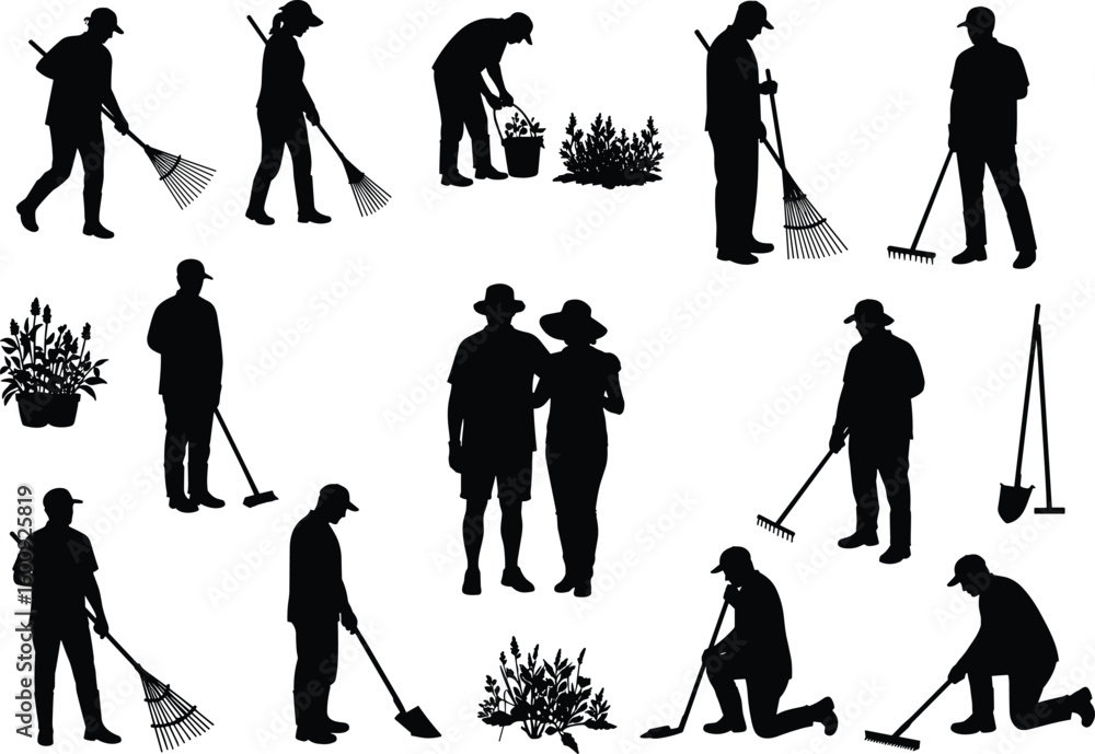 Obraz premium Silhouette of people gardening with rakes, shovels, and plants, including couple and workers in various garden maintenance activities vector