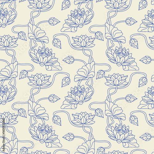 Vintage seamless pattern with hand drawn blue lotus flower on cream background. Water lily art nouveau toile repeat background