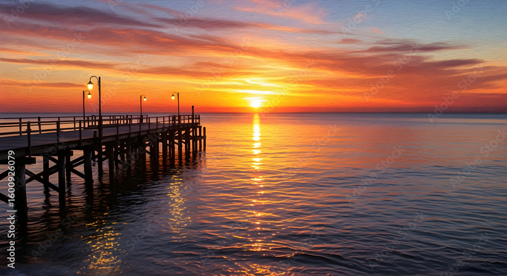 Serene Golden Hour Over a Coastal Pier: Vibrant Sunrise or Sunset Reflected on Calm Ocean Waters Serene Golden Hour Over a Coastal Pier: Vibrant Sunrise or Sunset Reflected on Calm Ocean Waters