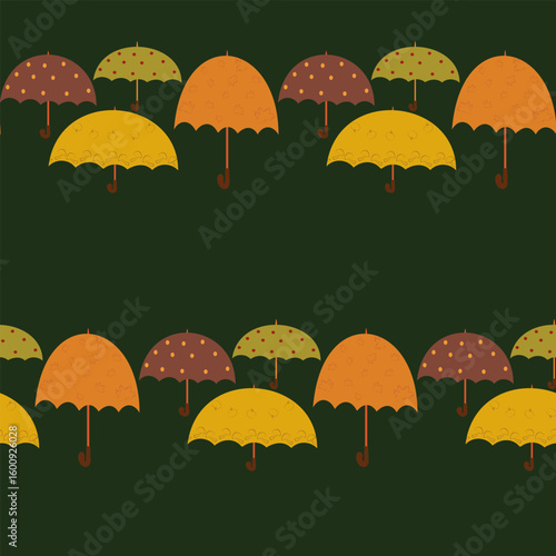 Seamless horizontal border pattern of whimsical autumn umbrellas in brown, orange, and yellow with various designs, on a dark green background. Ideal for fall weather themes and decorative trims.