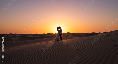 Romantic silhouette of a newlywed couple embracing on a vast sand dune during a beautiful golden sunset.
