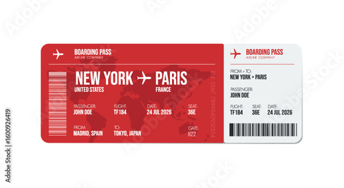 Airline ticket design. Airplane boarding pass with passenger name and destination. Travel, trip or business trip concept.