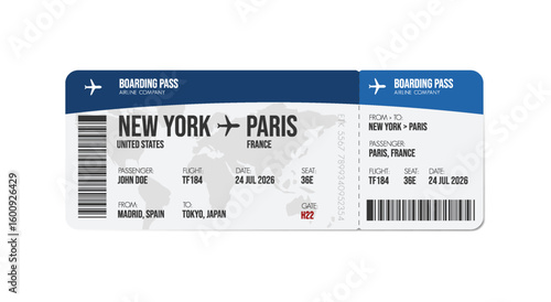Airline ticket design. Airplane boarding pass with passenger name and destination. Travel, trip or business trip concept.