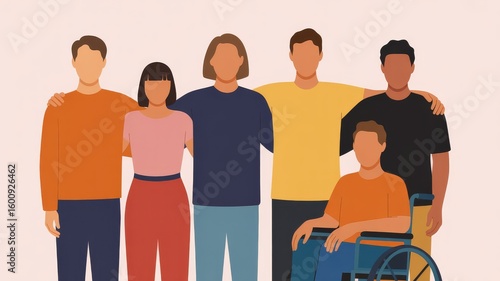 A diverse group of five people, one in a wheelchair, standing together with arms around each other, symbolizing unity and inclusion.