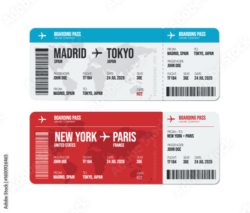 Airline ticket design. Airplane boarding pass with passenger name and destination. Travel, trip or business trip concept.