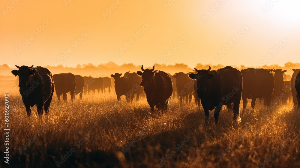 herd of cows grazing in a pasture in field in summer at sunset or sunrise in backlight of sun silhouettes. grazing cattle in nature herd of cows grazing in a pasture in field in summer at sunset or sunrise in backlight of sun silhouettes. grazing cattle in nature
