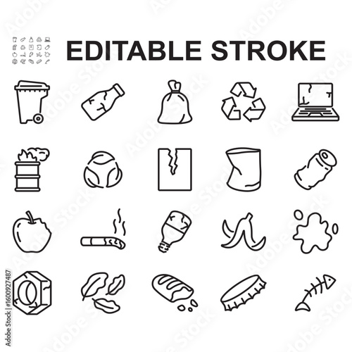 A collection of trash icons. Line style vectors. Contains icons such as trash can, plastic waste, recycling, and more.
