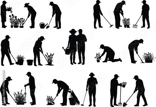Silhouettes of people gardening, planting flowers, watering plants, digging soil, using tools, perfect for landscaping, farming, or horticulture design