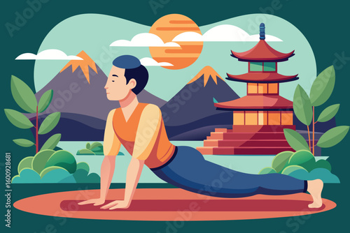 Yoga practice by the serene lakeside with a traditional pagoda and mountains in the background during sunset