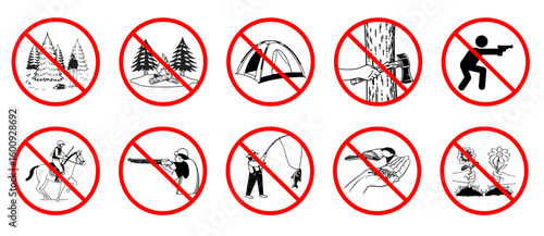 No activity prohibition signs illustration, various outdoor restrictions, safety warning concept