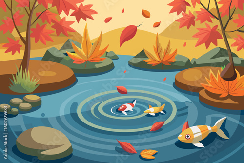 Colorful autumn landscape with koi fish swimming in a serene pond surrounded by vibrant foliage