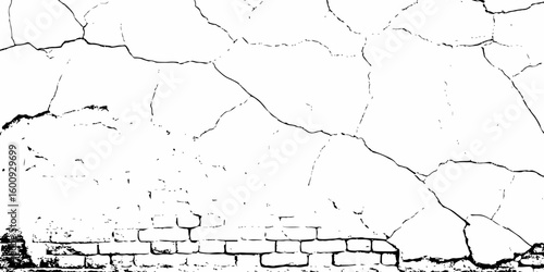 high contrast black and white image of a cracked white wall with cracks and damaged texture, creating an abstract and distressed background look