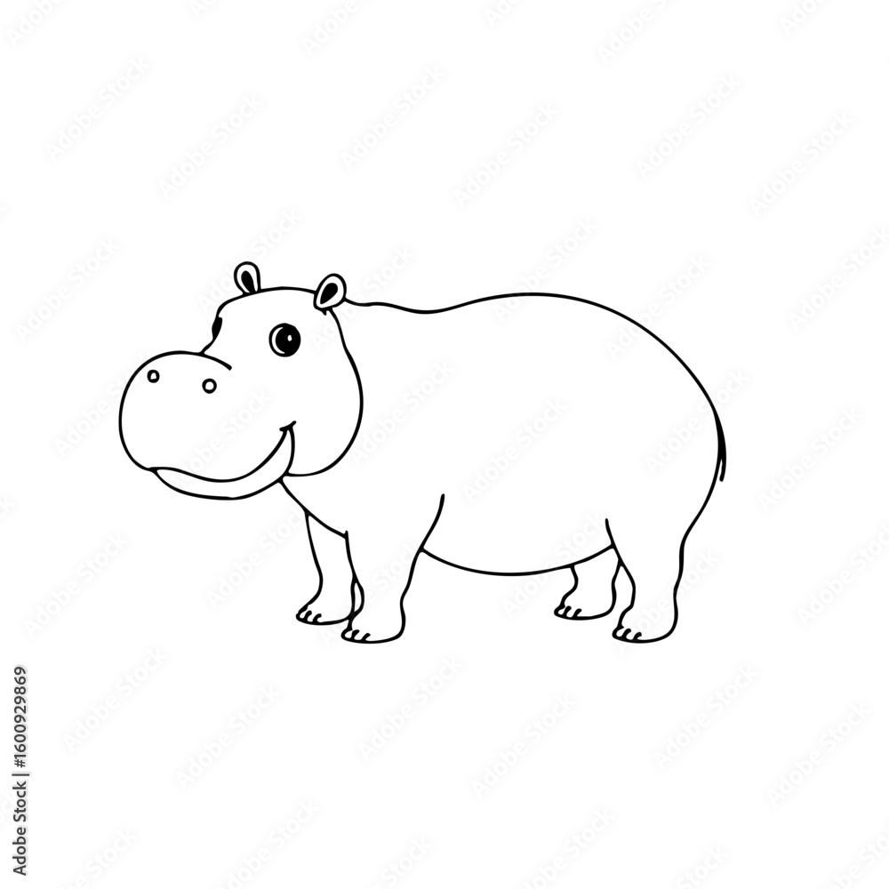Obraz premium Simple line sketch of hippopotamus character standing and smiling