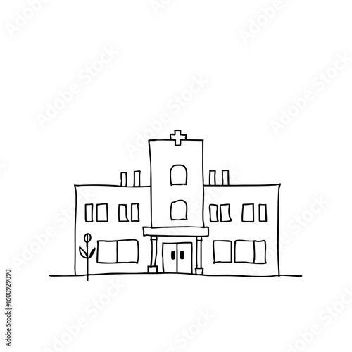 Simple line sketch of a hospital building in a minimalist style  
