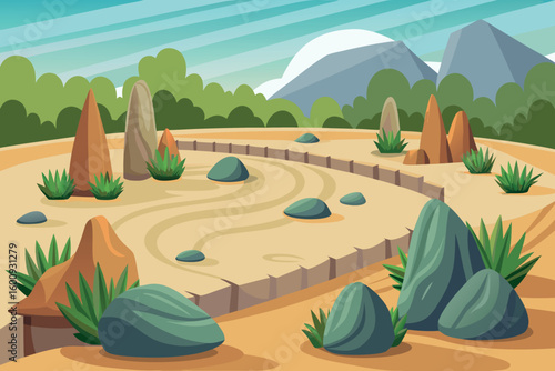 Desert landscape with striking rock formations and vibrant vegetation under a clear sky