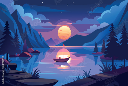 Sunset over a tranquil lake with a lone boat and mountains in the background