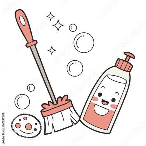 A happy cartoon broom and a smiling bottle of cleaning liquid stand together