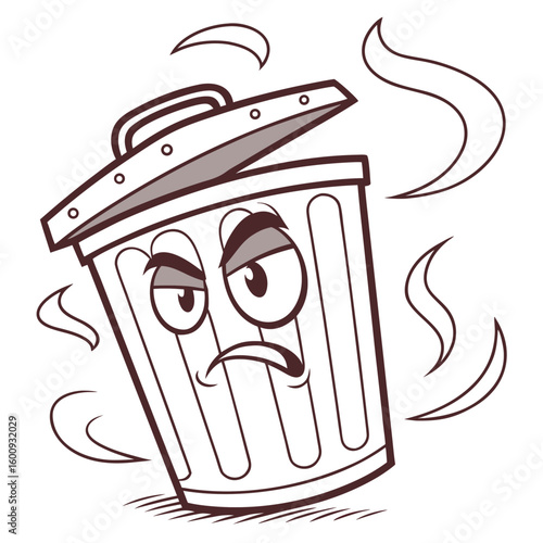 A grumpy and disgusted cartoon trash can with a lid slightly open is shown emitting