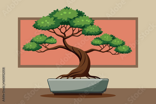 Beautiful bonsai tree displayed indoors with vibrant green leaves and intricate branches during the afternoon