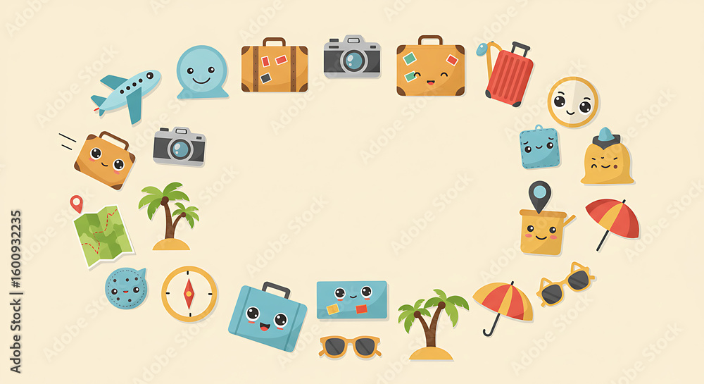 Fototapeta premium Cartoon travel icons form an oval, filled with suitcases, cameras, beach items and maps, perfect for ads!