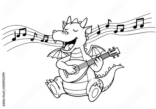 Kids coloring page happy cartoon dragon singing and playing lute