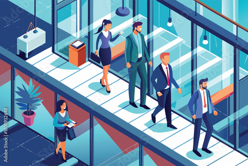 Business professionals walking through a modern office space during a busy workday in an urban setting