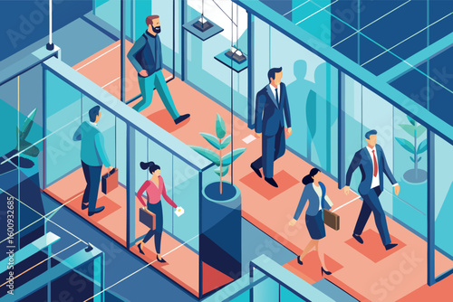 Business professionals walking through a modern office corridor with glass walls during a workday in the city