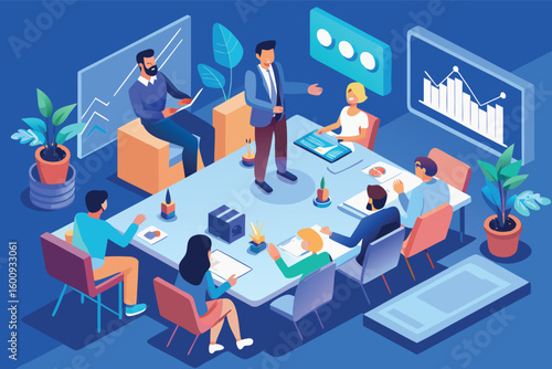 Engaging business meeting in a modern office setting with diverse participants discussing strategies and ideas