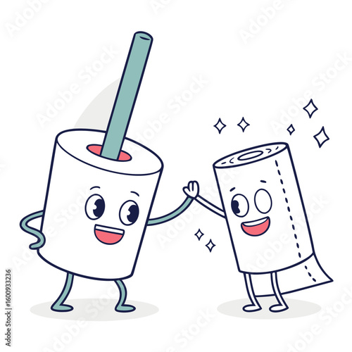 A cartoon toilet paper roll gives a highfive to another toilet paper roll