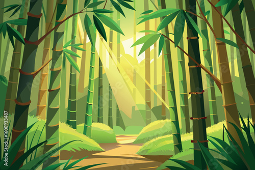 Light filters through a serene bamboo forest creating a tranquil atmosphere in nature