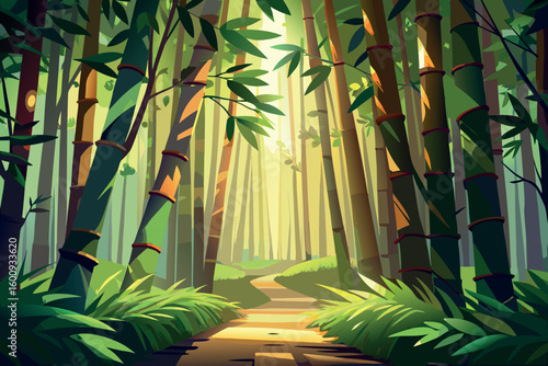 Bamboo forest path illuminated by sunlight in a tranquil morning setting