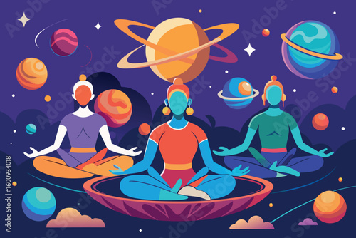 Three meditating figures surrounded by planets and stars in a cosmic setting at night