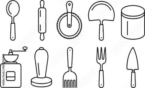 Assorted line art kitchen utensils including rolling pin pizza cutter and coffee grinder
