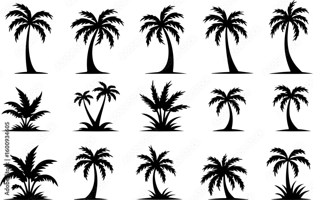 Fototapeta premium Desert & Tropical Plant Silhouette Set – Cactus, Palm Tree, and Succulent Icons vector bundle
