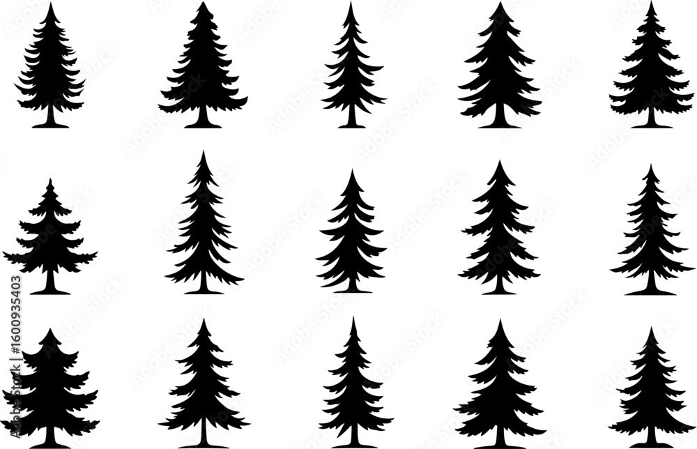 Naklejka premium Tree Silhouette Collection – Pine, Fir & Deciduous Tree Icons vector bundle