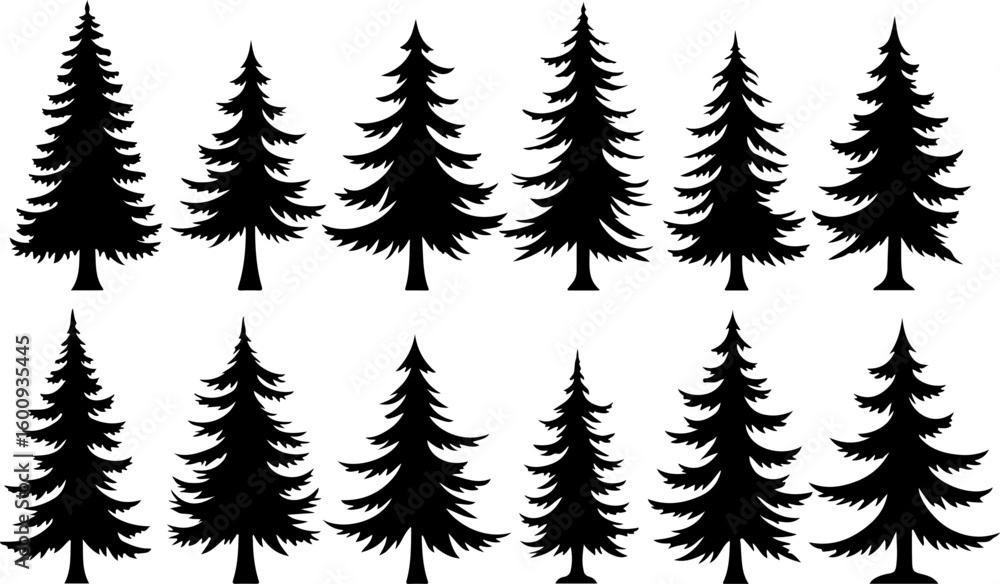 Naklejka premium Tree Silhouette Collection – Pine, Fir & Deciduous Tree Icons vector bundle