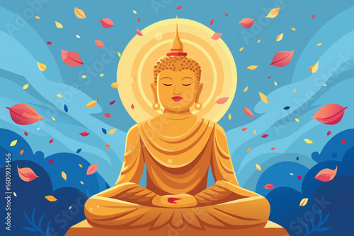 Buddha statue seated in meditation surrounded by colorful leaves against a serene backdrop