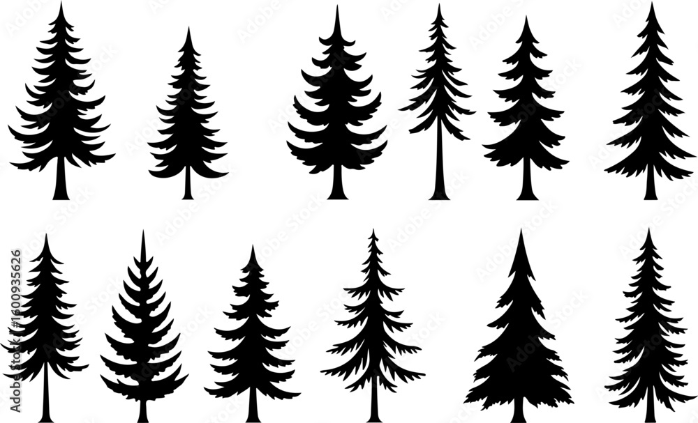 Fototapeta premium Tree Silhouette Collection – Pine, Fir & Deciduous Tree Icons vector bundle