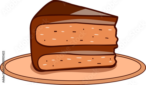 Vector illustration of chocolate cake. Cake slice. Cake on the plate. Bright illustration. Hand drawn in doodle style.