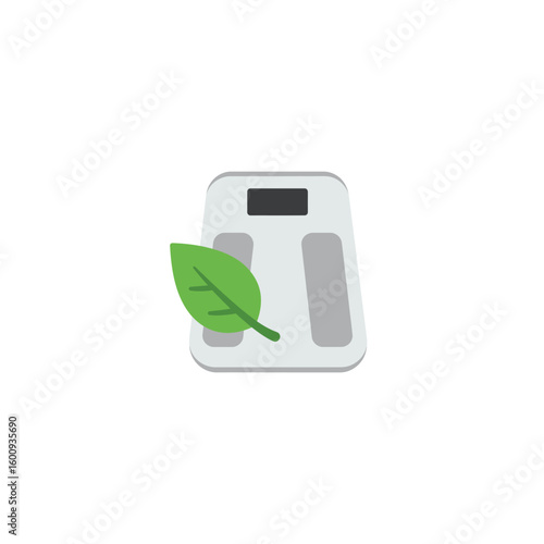 Healthy lifestyle and natural diet concept featuring a green leaf on a modern weight scale for fitness progress.