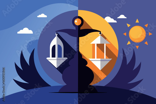 Balancing light and dark with symbolic scales depicting day and night in a unified design