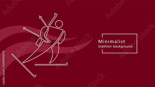 Minimalist horizontal biathlon banner with running biathlon athlete. Biathlete man skiing with biathlon rifle. White line contour on dark red or burgundy background, minimal desing. Vector template.