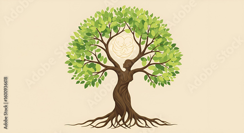 A stylized tree, its trunk shaped like a woman, stands with lush green leaves and intricate roots, symbolizing nature's nurturing power.